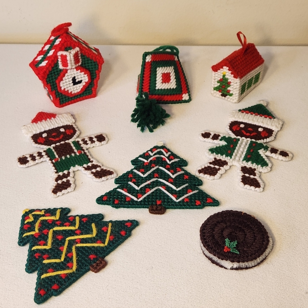 8 Vintage Plastic Canvas Ornaments and Magnets Decorations